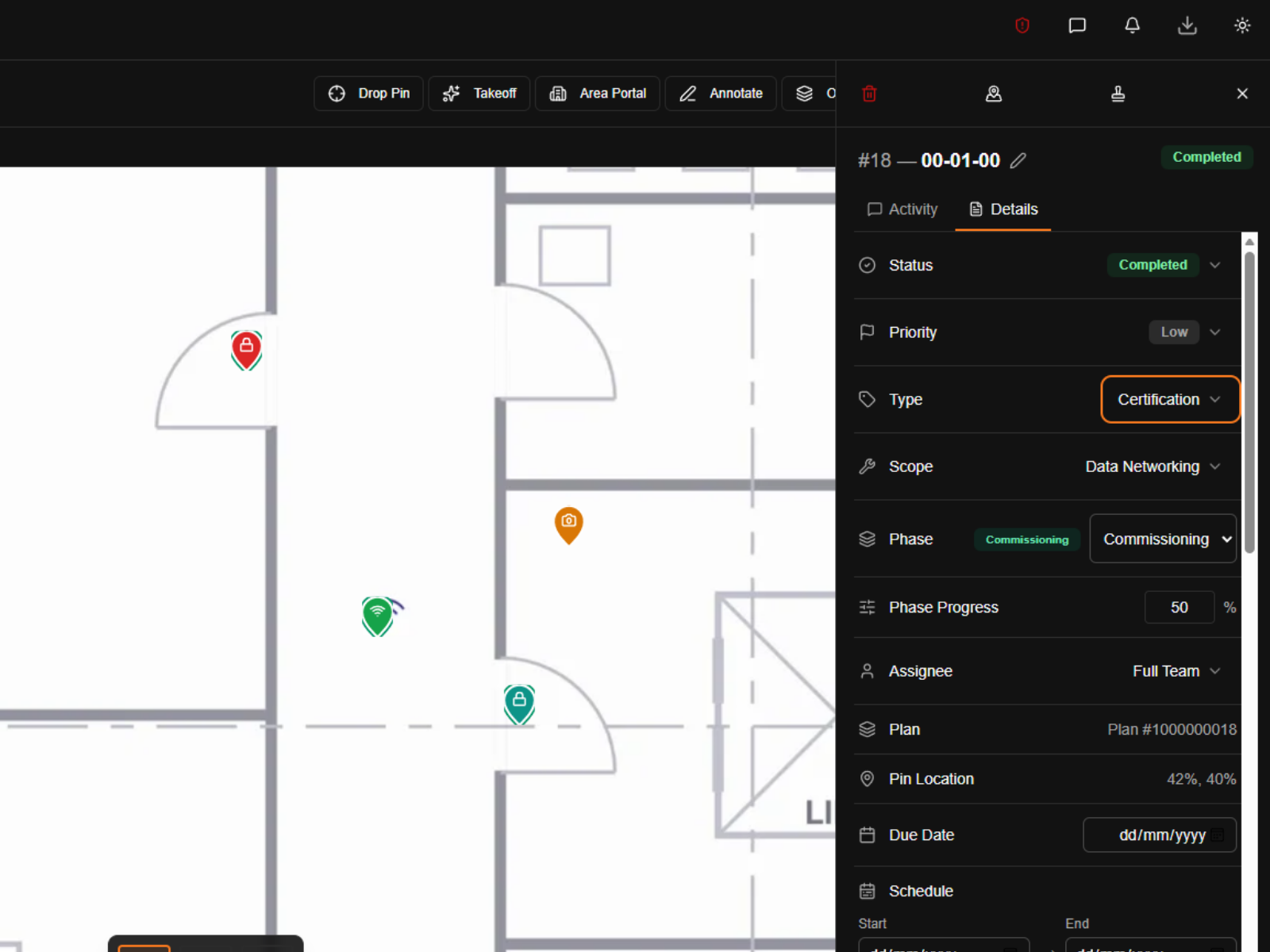 A Graftix task detail panel showing photos, comments and workflow status